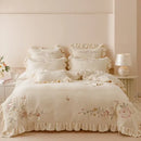 Princess cream flowers embroidery ruffles bedding set bedroom decor