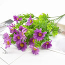 Purple and yellow daisy bouquet green plant synthetic flowers living room