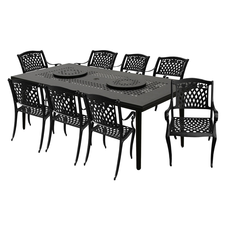 Aluminum 9pc Rectangular Patio Dining Set, Lazy Susans, Eight Chairs