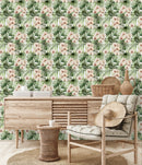 Tropical Leaves with White Flowers Wallpaper