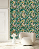 Green Wallpaper with Palm Leaves