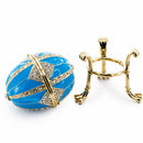 Crystal Rhombus on Blue Enamel Royal Inspired Metal Easter Egg 3.15 Inches