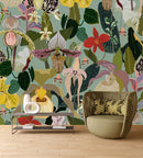 Green Wallpaper with Exotic Flowers