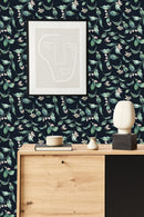 Stylish Black Wallpaper with Green Leaves Vogue