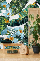 White Wallpaper with Palm Leaves and Flowers