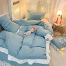 Quilted light blue & white ruffle duvet cover set bedroom bedding