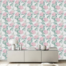 Voguish White Wallpaper with Pink Flowers Tasteful