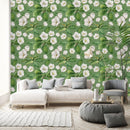 Voguish Green Wallpaper with White Flowers