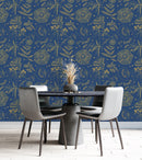 Gold and Blue Flowers Wallpaper