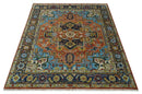 Ready to Ship 8x10 Rust and Blue Traditional Hand Knotted Wool Area Rug