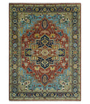 Ready to Ship 9x12 Rust and Blue Traditional Vintage Style Hand Knotted Wool Area Rug