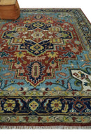 Ready to Ship 9x12 Rust and Blue Traditional Vintage Style Hand Knotted Wool Area Rug
