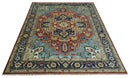 Ready to Ship 9x12 Rust and Blue Traditional Vintage Style Hand Knotted Wool Area Rug