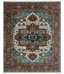 Ready to Ship Blue, Rust and Ivory 8x10 Hand knotted Traditional Wool Area Rug