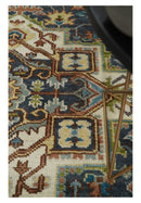 Ready to Ship Hand Knotted Antique Style Turkish Heriz Medallion Ivory and Blue Wool Rug