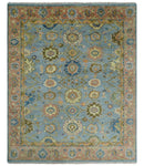 Ready to Ship Hand Knotted Blue and Rust Modern Oushak Area Rug