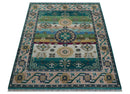 Ready to Ship Peach And Teal Traditional Hand Knotted 8x10 Wool Rug
