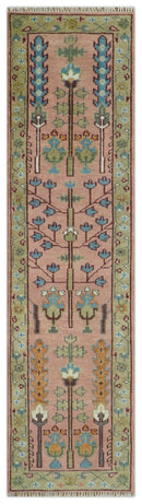 Ready to Ship Pink, Olive and Beige Traditional Vintage Style Tree Wool Rug