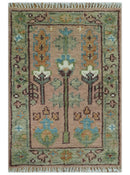 Ready to Ship Pink, Olive and Beige Traditional Vintage Style Tree Wool Rug