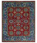 Custom Made Maroon and Blue Antique Turkish Hand Knotted Wool Area Rug