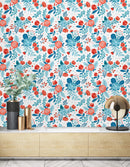Stylish Red and Blue Flowers Wallpaper Chic