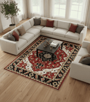 Red, Ivory, Black and Beige 8x10 Hand Knotted Traditional Heriz wool Rug