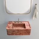 Red Travertine Rectangular Wall-mount Bathroom Sink (W)16" (L)30" (H)8" bathroom view mirror on the wall and hand-towel hung from the wall