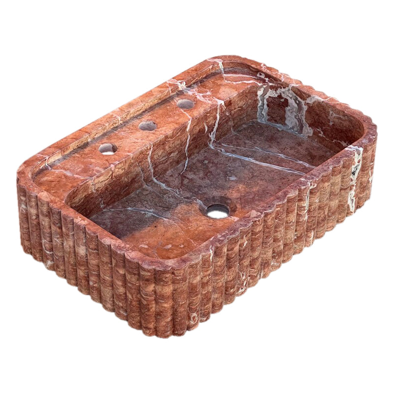 Red Travertine Wall-mount Bathroom Sink Ribbed Textured (W)16" (W)24" (H)6" angle view
