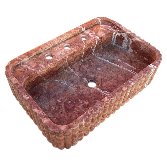 Red Travertine Wall-mount Bathroom Sink Ribbed Textured (W)16" (W)24" (H)6" top angle view