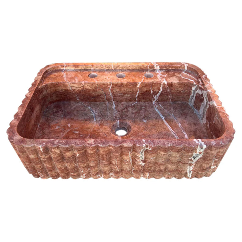 Red Travertine Wall-mount Bathroom Sink Ribbed Textured (W)16" (W)24" (H)6" angle front view