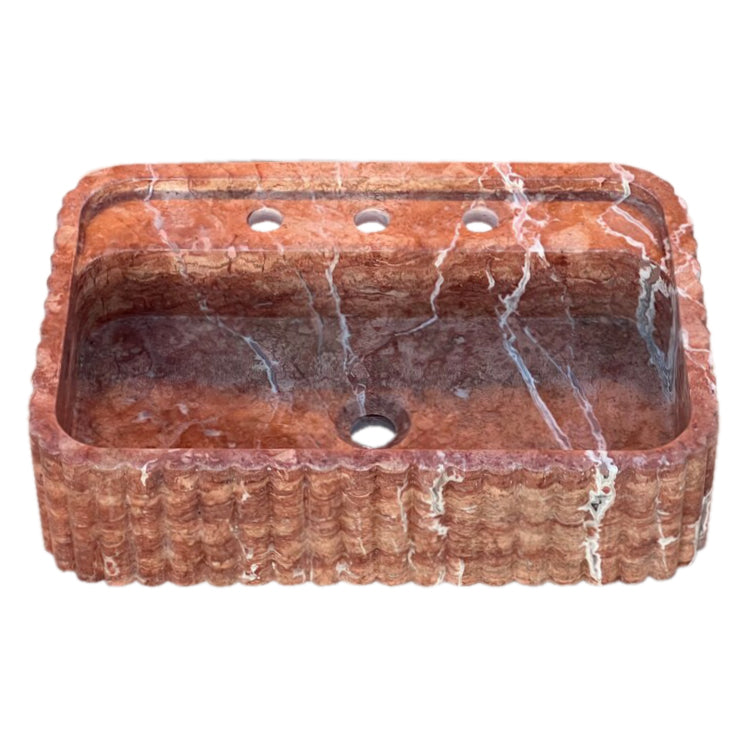 Red Travertine Wall-mount Bathroom Sink Ribbed Textured (W)16" (W)24" (H)6" side view