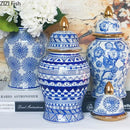 Retro blue & white porcelain ginger jar living room gold tipped vase