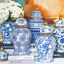 Retro blue & white porcelain ginger jar living room gold tipped vase
