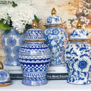 Retro blue & white porcelain ginger jar living room gold tipped vase
