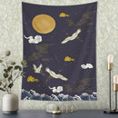 Retro dark blue and gold flying crane wall hanging – bedroom tapestry