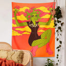 Retro orange and green cactus girl tapestry bedroom wall decor