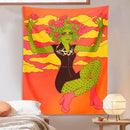 Retro orange and green cactus girl tapestry bedroom wall decor