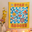 Retro yellow and blue groovy mushroom tapestry bedroom wall decor