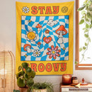 Retro yellow and blue groovy mushroom tapestry bedroom wall decor