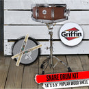 GRIFFIN Snare Drum Package with Snare Stand, 2 Pairs of Drum Sticks & Drum Key | Snare Kit with Poplar Wood Shell 14" x 5.5" with Flat Hickory PVC | 8 Metal Tuning Lugs & Snare Strainer Throw Off