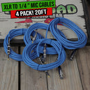 XLR Female to 1/4" Male Jack Microphone Cables (4 Pack) by FAT TOAD | 20ft Pro Audio Blue Mic Cord Extension Patch Lo-Z Connector | 24 AWG Shielded Speaker Wire & Balanced for Studio Audio Recording