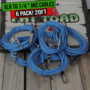 XLR Female to 1/4" Male Jack Microphone Cables (6 Pack) by FAT TOAD| 20ft Professional Pro Audio Mic Blue Cord Patch Lo-Z Connector | 24 Gauge Shielded, Balanced Wire for Impeccable DJ Audio Recording