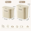 Ribbed cream and gray kitchen cabinet hanging trash
