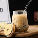 Ribbed glass cup set with bamboo lid and straw for kitchen dining