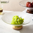 Ribbed glass fruit plate with wooden base for living room dining room