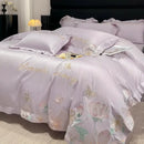Romantic white and pink embroidered flowers butterfly bedding set bedroom