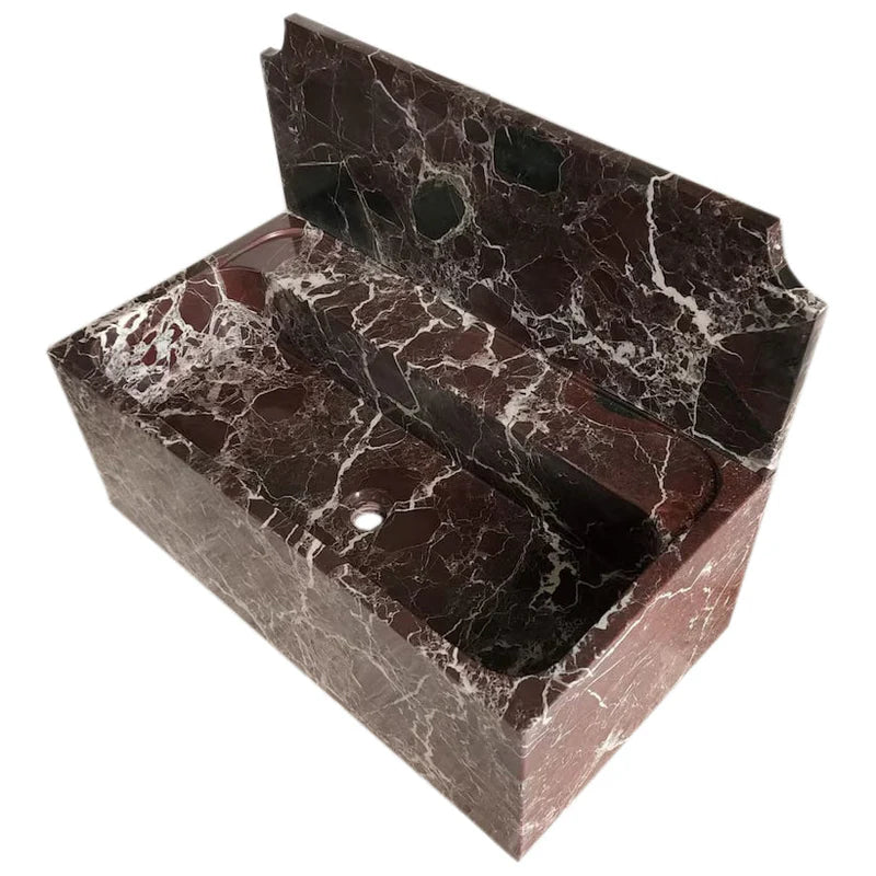 Rosso Levanto Marble Wall-mount Bathroom Sink with 11" Backsplash (W)16" (L)30" (H)12" top angle view