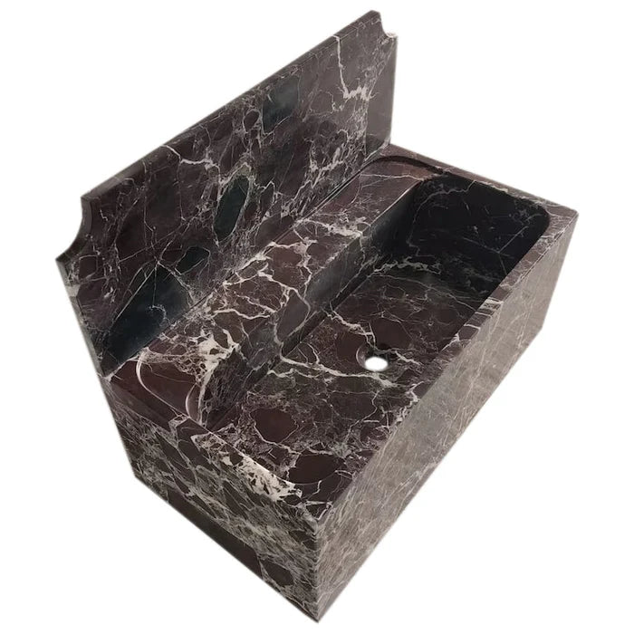 Rosso Levanto Marble Wall-mount Bathroom Sink with 11" Backsplash (W)16" (L)30" (H)12" top angle view