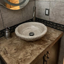 Round Bowl Tan Travertine Vessel Bathroom Sink - Handcrafted Natural Stone Above Counter Vanity Basin
