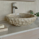 Round Bowl Tan Travertine Vessel Bathroom Sink - Handcrafted Natural Stone Above Counter Vanity Basin